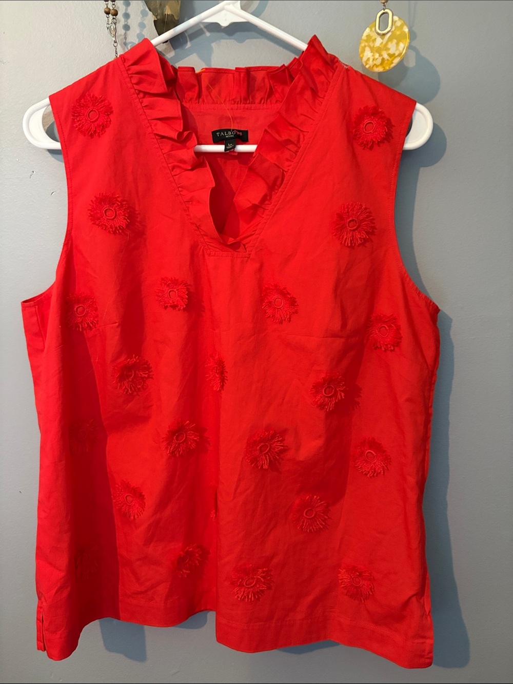 Talbots Bright Red Sleeveless Ruffled V-Neck Embroidered Camisole
